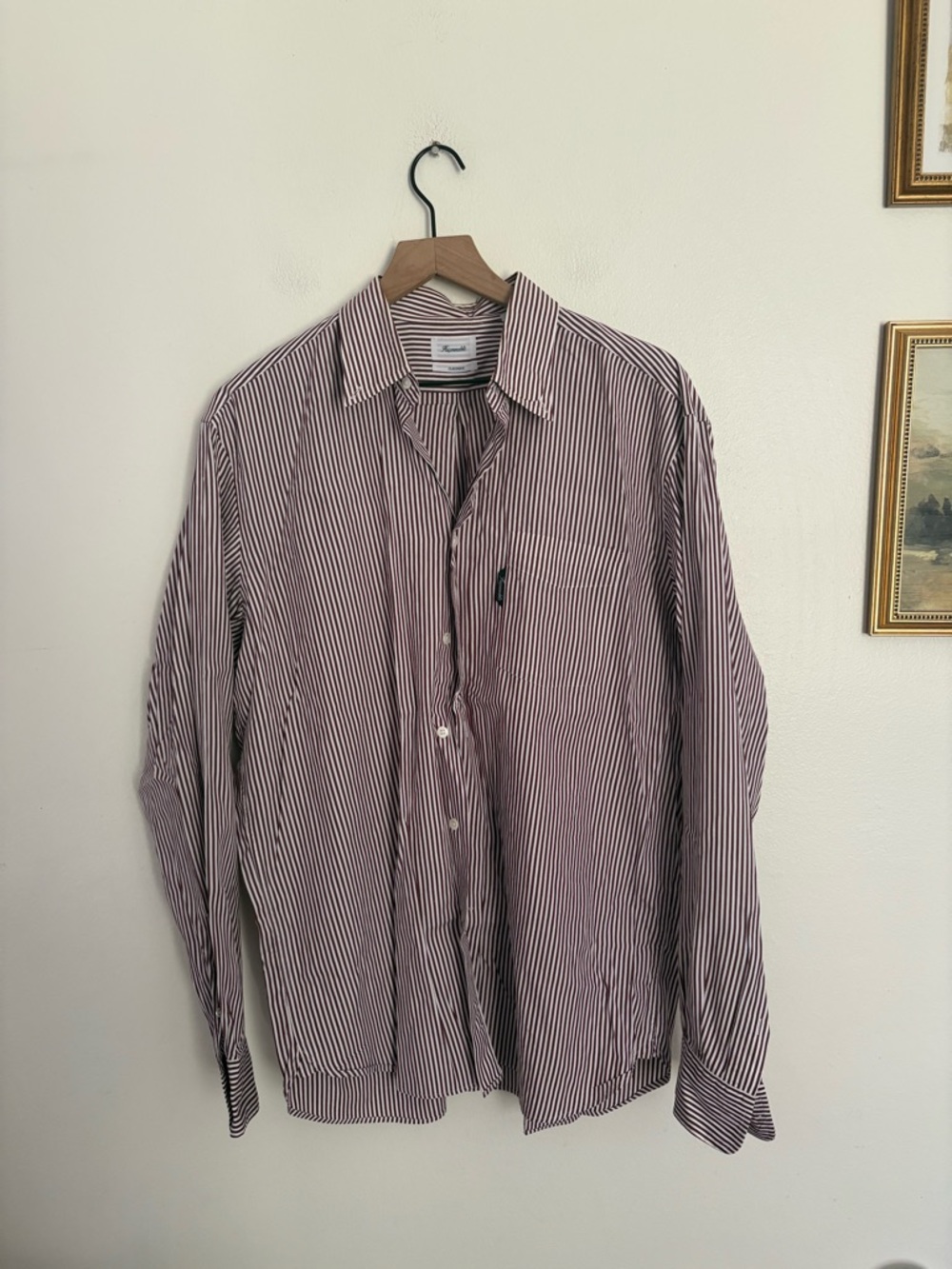 Faconnable Striped Long-Sleeve Button-Up Shirt Dress Burgundy Classic Men Large